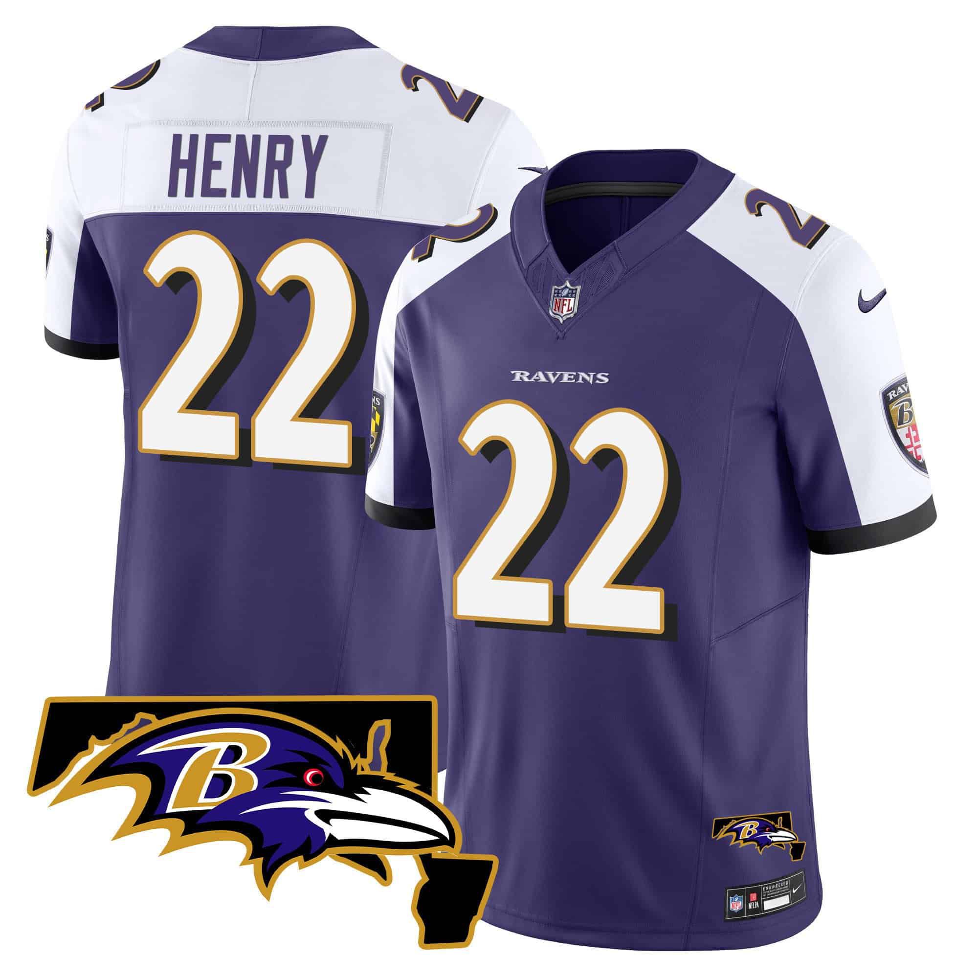 Men Baltimore Ravens 22 Henry Purple 2024 Nike Maryland Patch Vapor Limited NFL Jersey